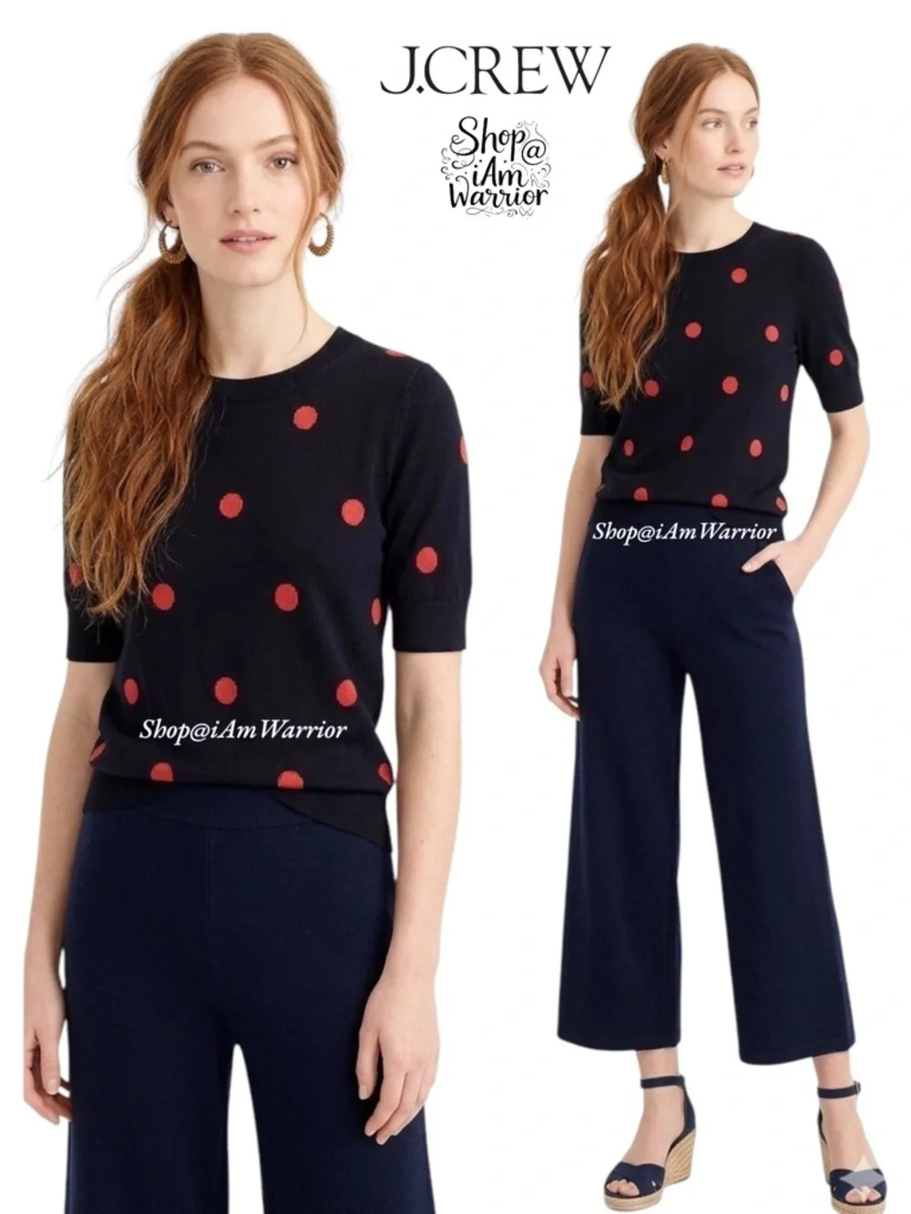 J.Crew short sleeve navy sweater in pink polka-dot  *shop@iamwarrior